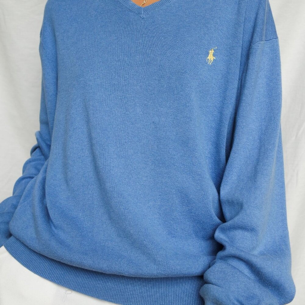 Polo Ralph Lauren Pima Cotton V-Neck Sweater Men's Size L Blue Yellow Pony - Picture 7 of 8